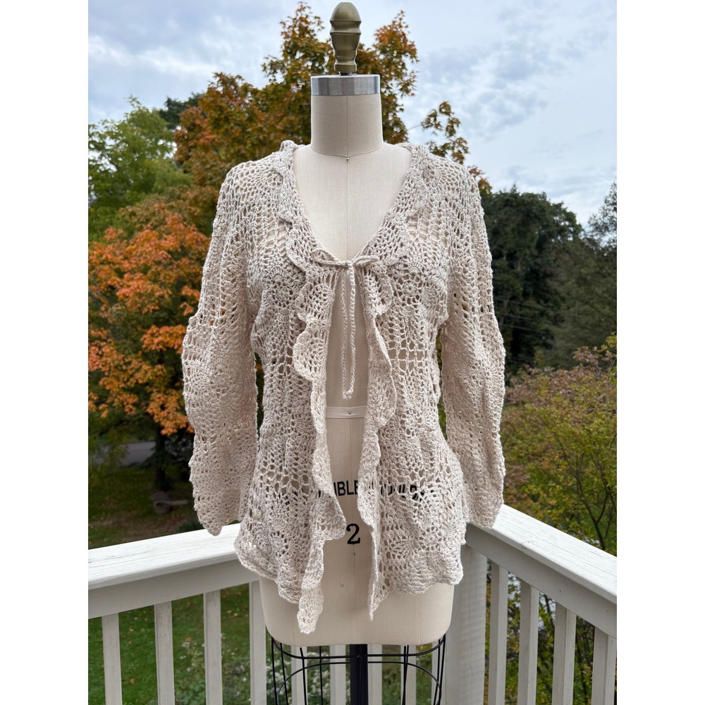 Vintage Oatmeal Crochet Cardigan Large Sheer Ruffle Boho Cottagecore Fairy